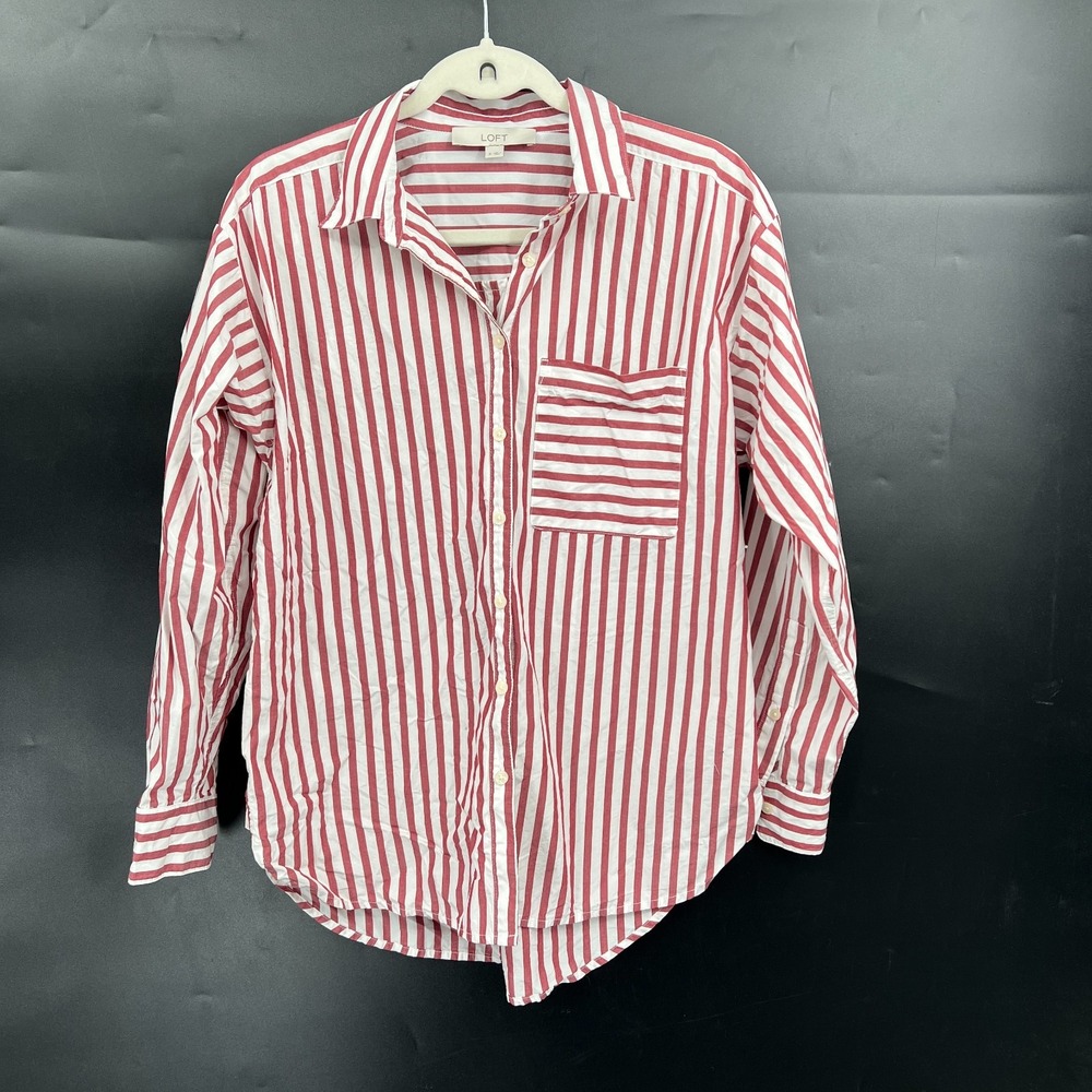 LOFT maroon white striped button up front 100% cotton shirt minimalist preppy S